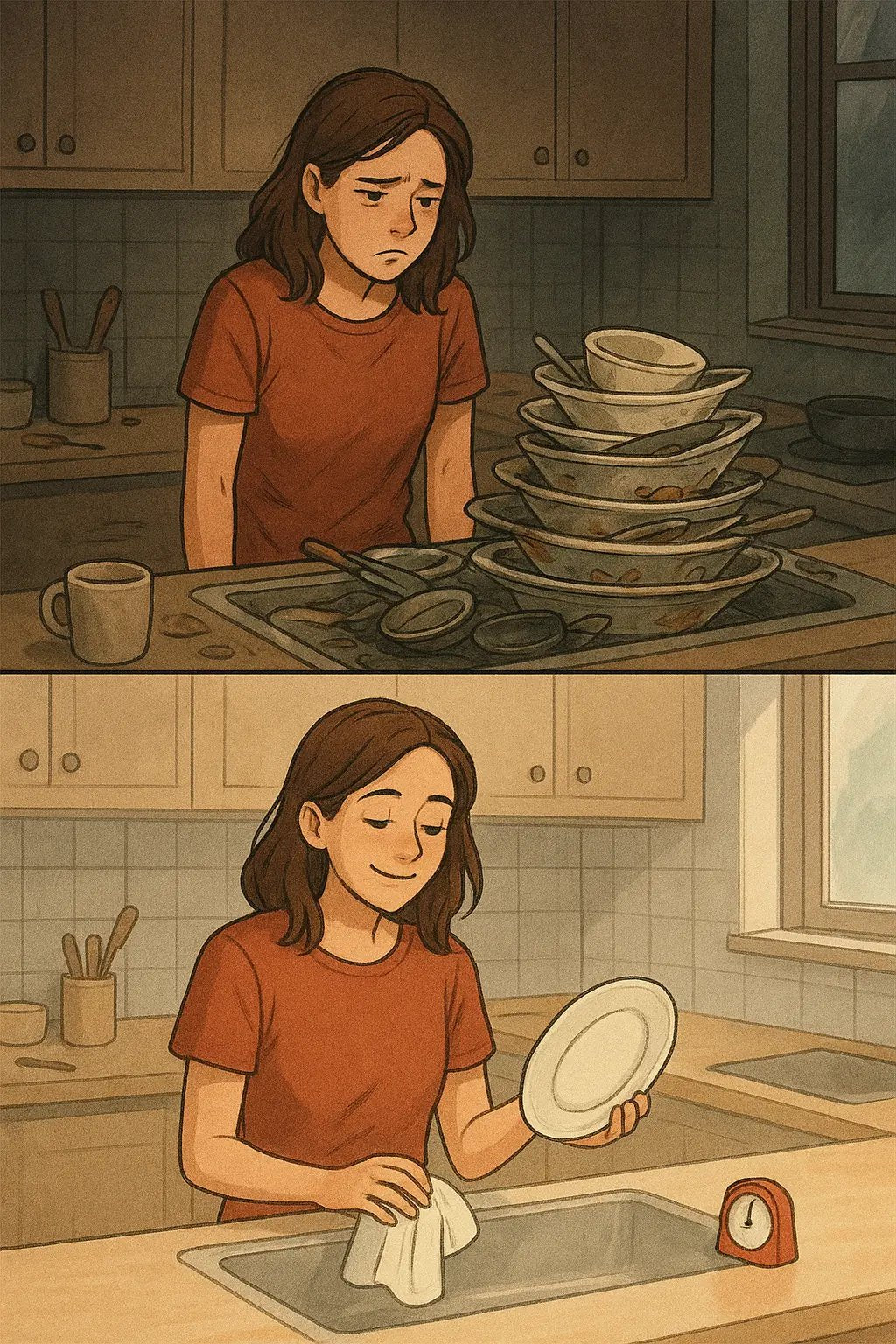 Woman standing in a clean kitchen with a satisfied smile, looking at a small timer on the counter after completing dishes