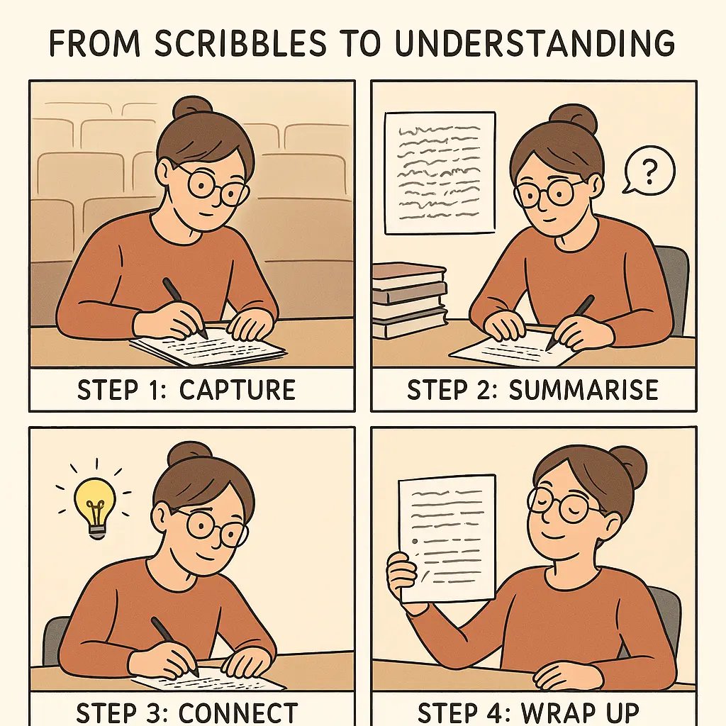 A four-panel comic strip showing a student transforming messy lecture notes into an organised study guide through capture, summarise, connect, and wrap-up steps.
