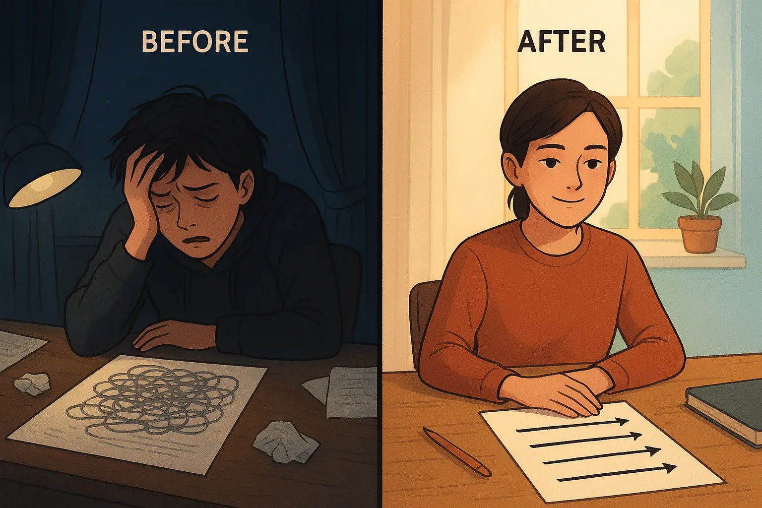 A student's transformation from frustrated with tangled writing to calm and focused with clear, direct sentences.