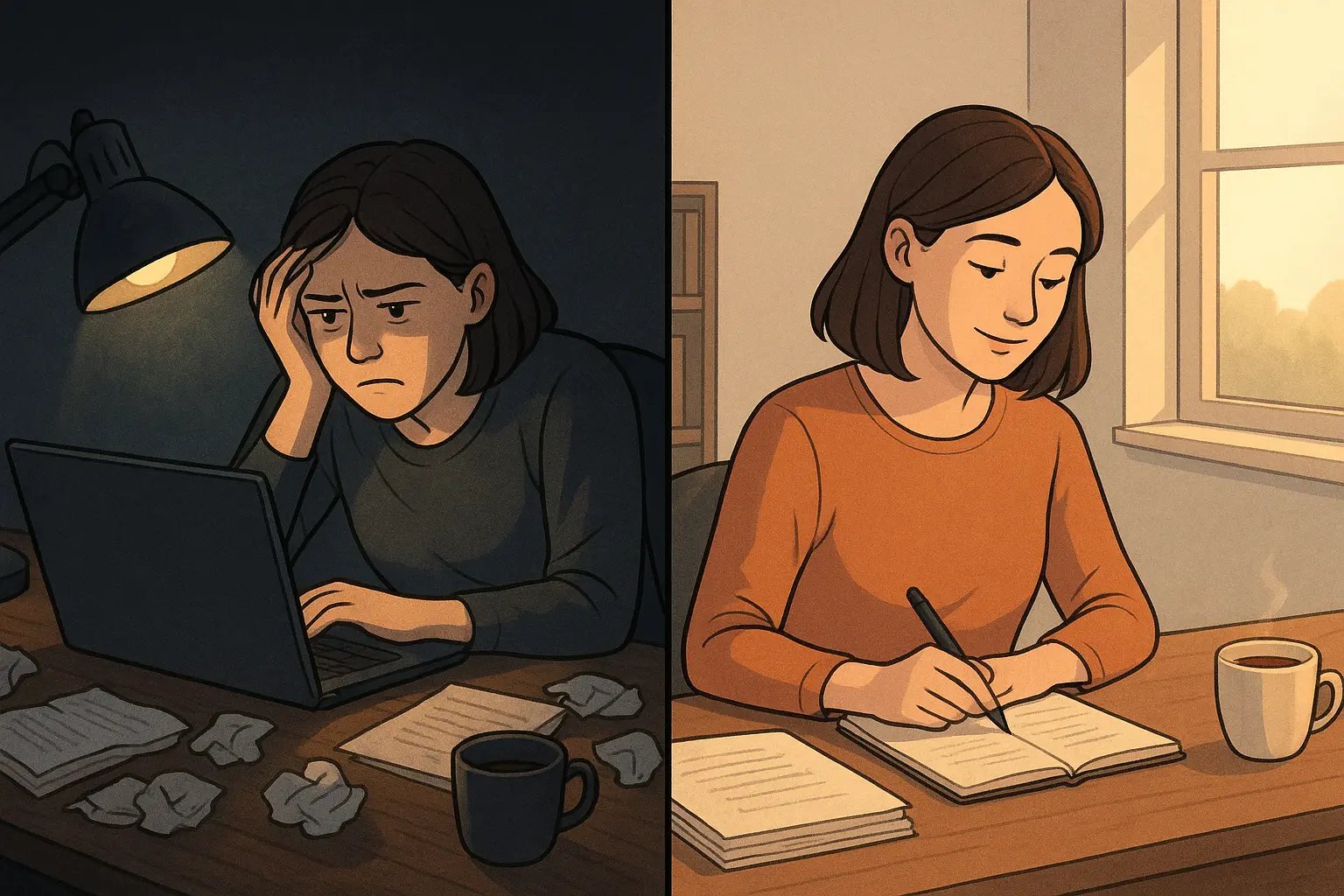 Student transformation showing calm, organised workspace with focused writing after learning to acknowledge study limitations and weigh evidence carefully