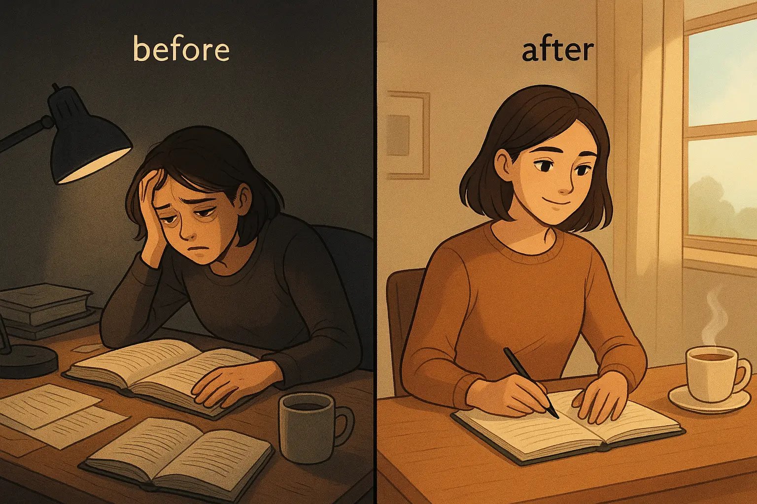 Student transformation from overwhelmed at messy desk to calm and confident at organised workspace with natural light