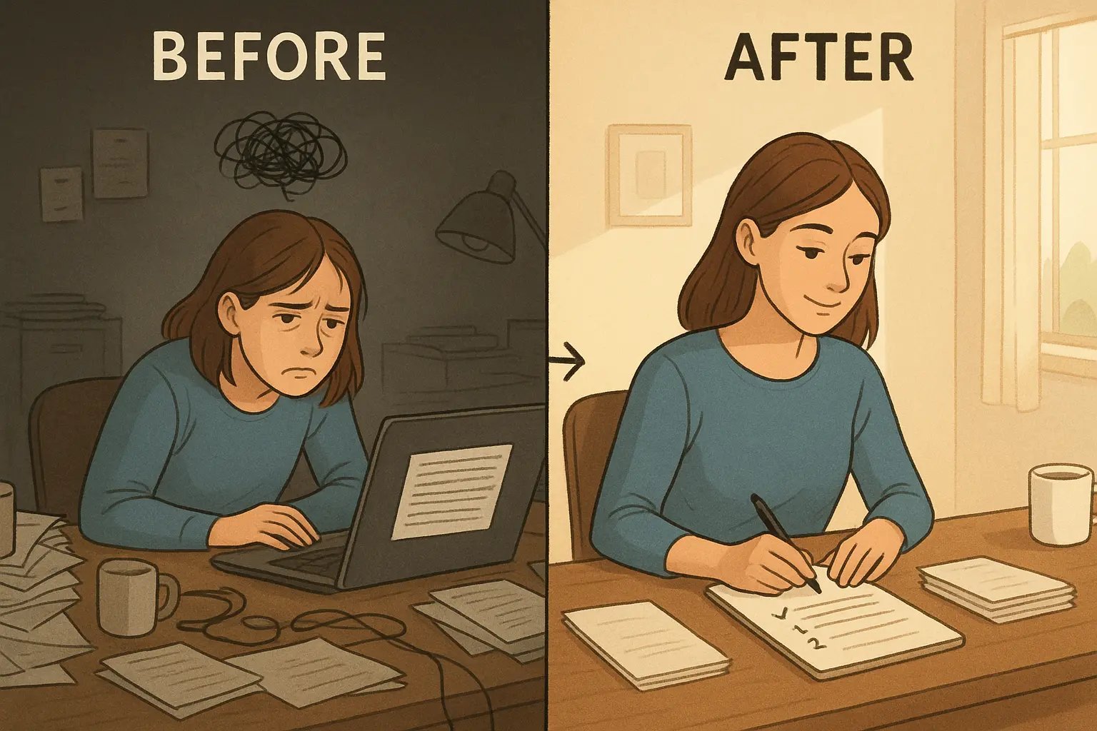 Woman transforming from overwhelmed at a chaotic desk to calm and focused with an organised workspace and clear action plan