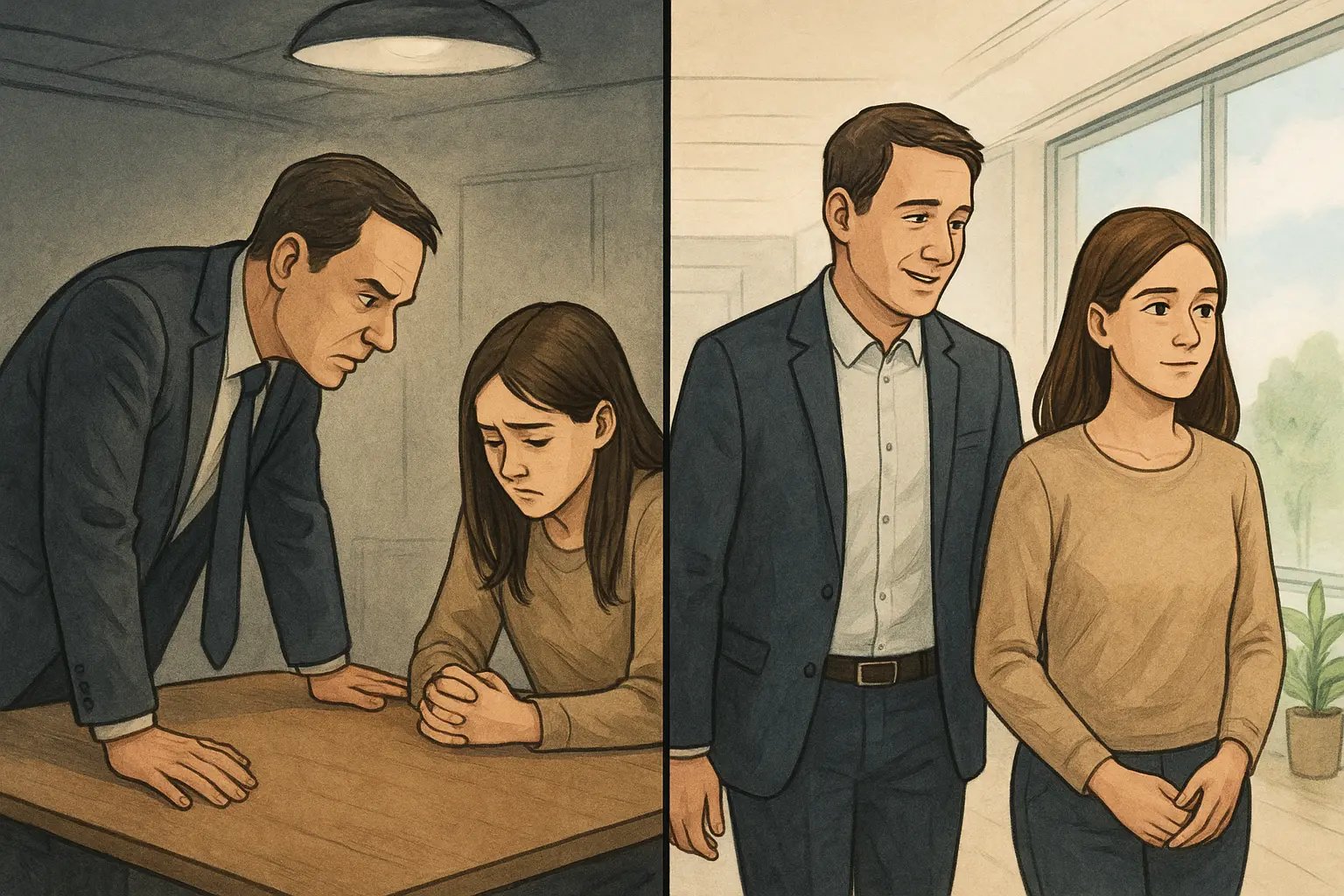 Two colleagues transform from a tense face-to-face meeting to a calm side-by-side conversation in a bright office setting.