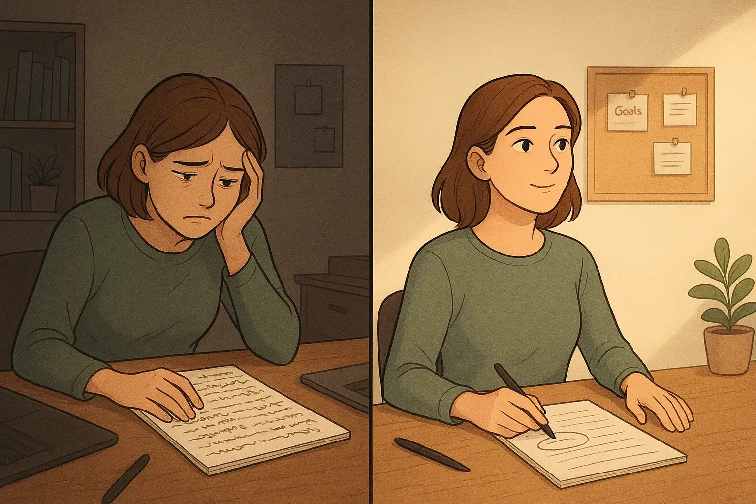 Woman transformed from stressed over long to-do list to calm and focused, looking at goals board to choose priorities