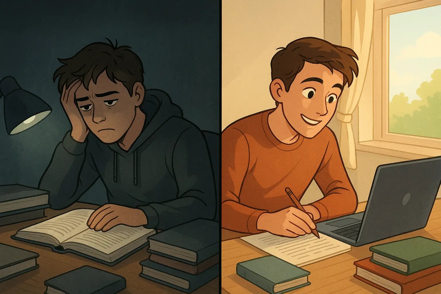 Split-panel illustration showing student's transformation from bored at desk with dull textbook to energised and focused with engaging research materials