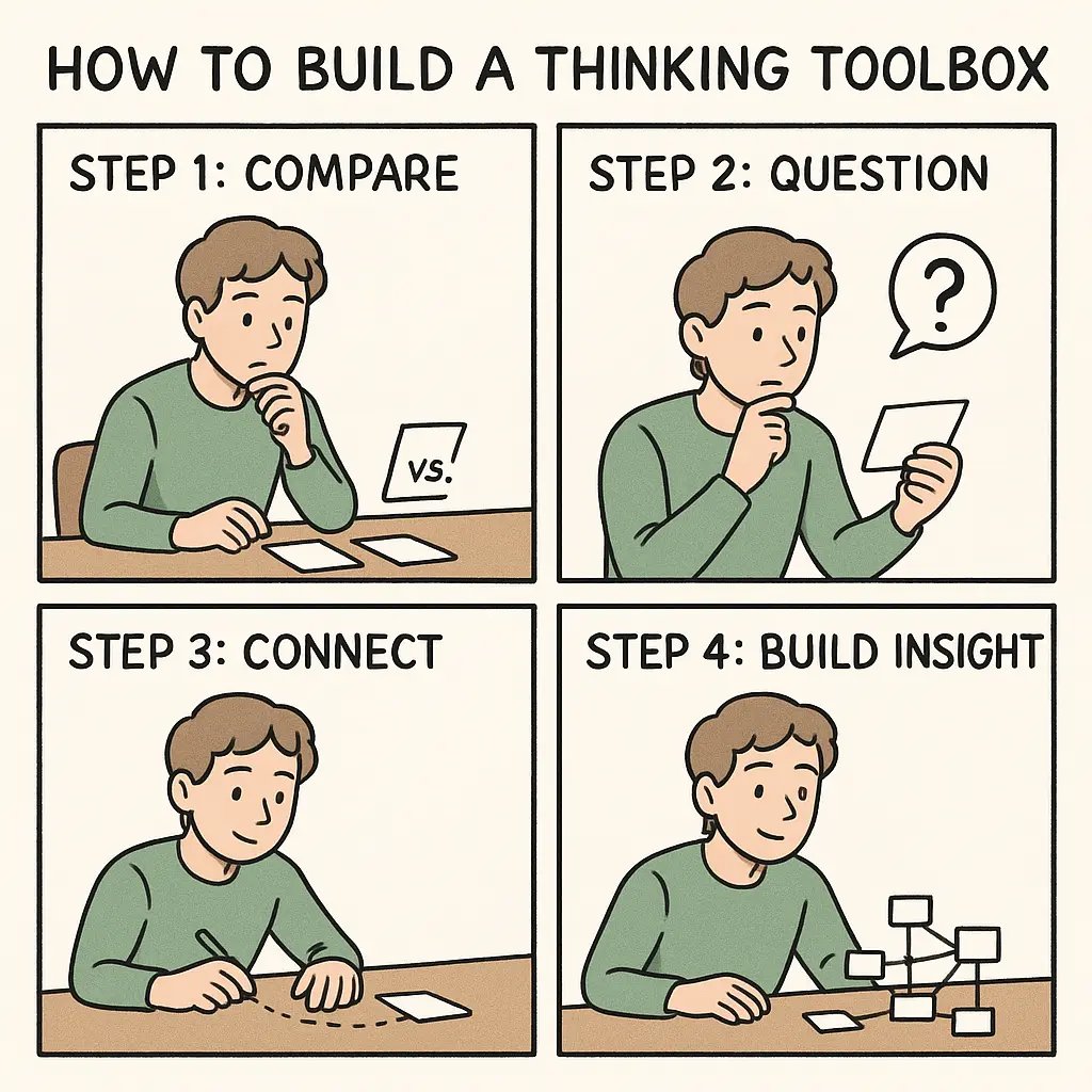 Four-panel comic showing a student using compare, question, and connect methods to build an interconnected web of notes and insights
