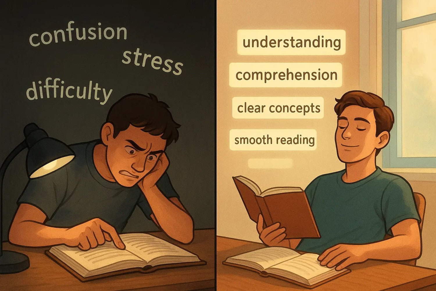 Split illustration showing a student's transformation from frustrated word-by-word reading to confident phrase reading with improved comprehension.