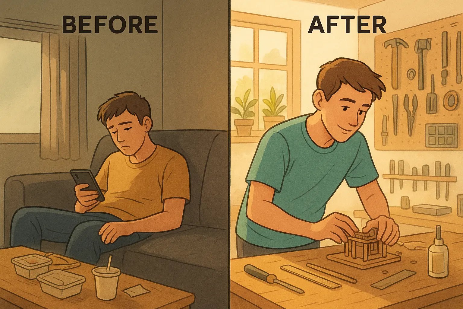 Split illustration showing student's transformation from bored on sofa to engaged in bright workshop building meaningful summer projects