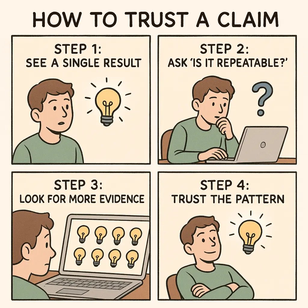 Four-panel comic showing a student learning to verify information by checking for repeatable results and multiple sources.