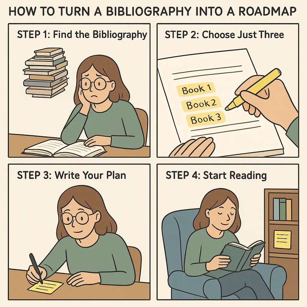 A woman with glasses transforms from stressed by books to calmly reading with a simple three-title plan from a bibliography