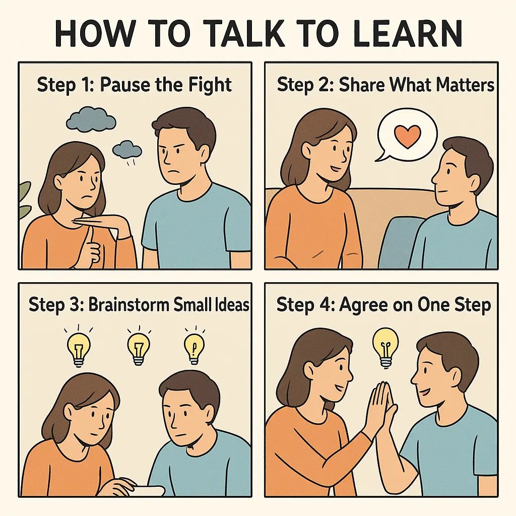 A couple moves from tense argument to collaborative high-five through four steps: pausing, sharing feelings, brainstorming, and agreeing on one action.
