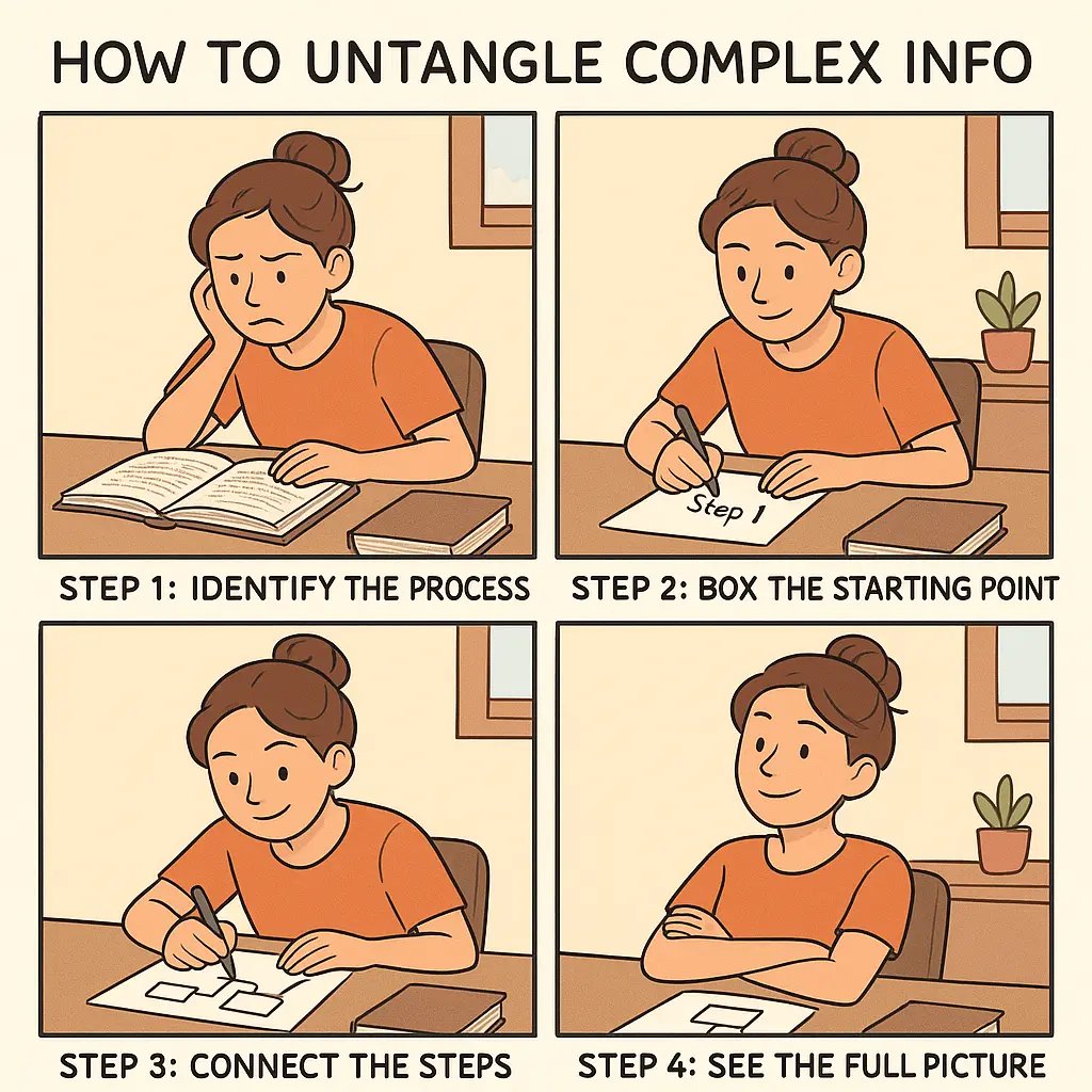 Student transforming confusing text into a clear flowchart at her desk, progressing from overwhelmed to confident across four illustrated steps