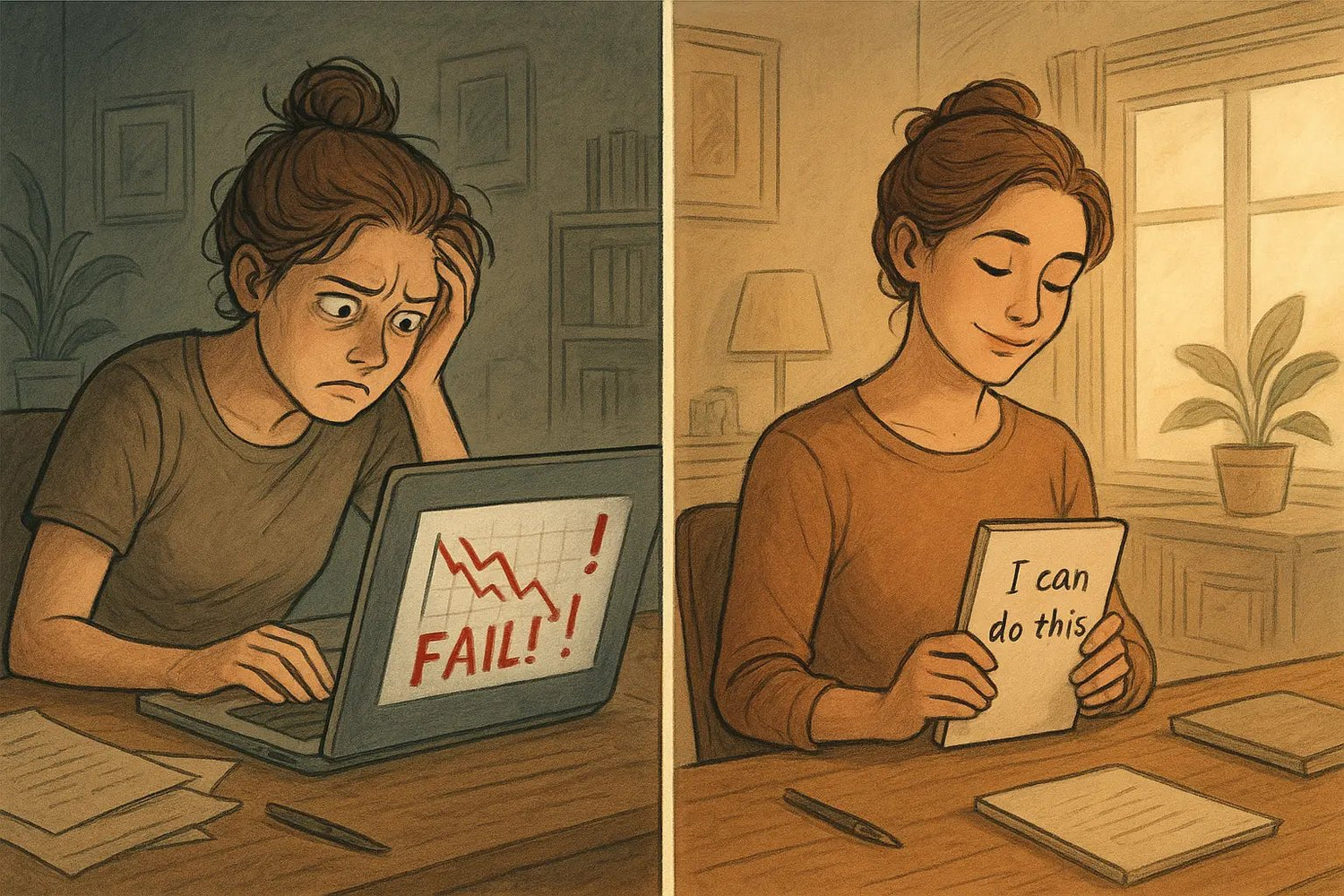 Woman transforms from stressed at laptop to calm with notepad, showing clarity through simple decision rewriting
