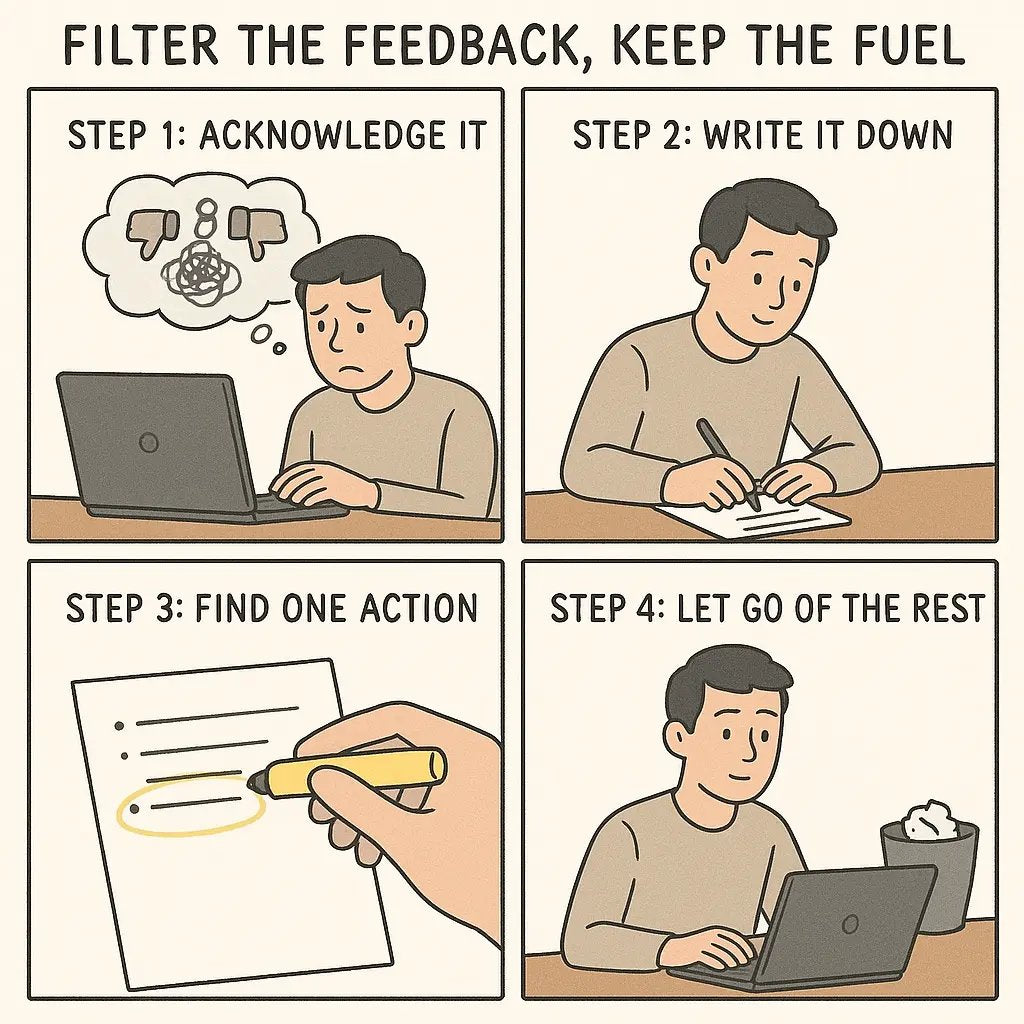 A four-panel comic showing a young man processing feedback: first overwhelmed, then writing it down, highlighting one useful point, and finally feeling relieved and focused.