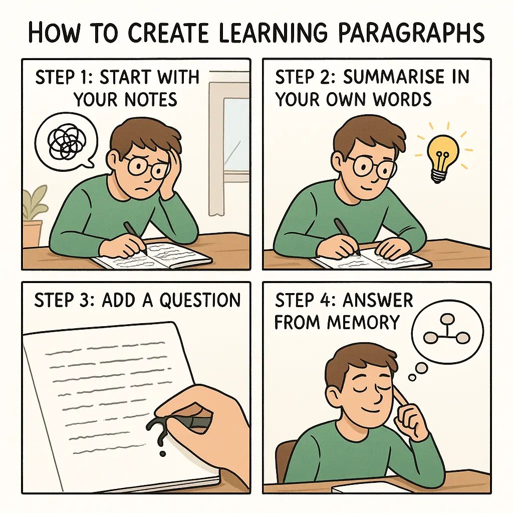 A four-panel comic showing a student transforming messy notes into clear learning paragraphs with questions and confident recall.