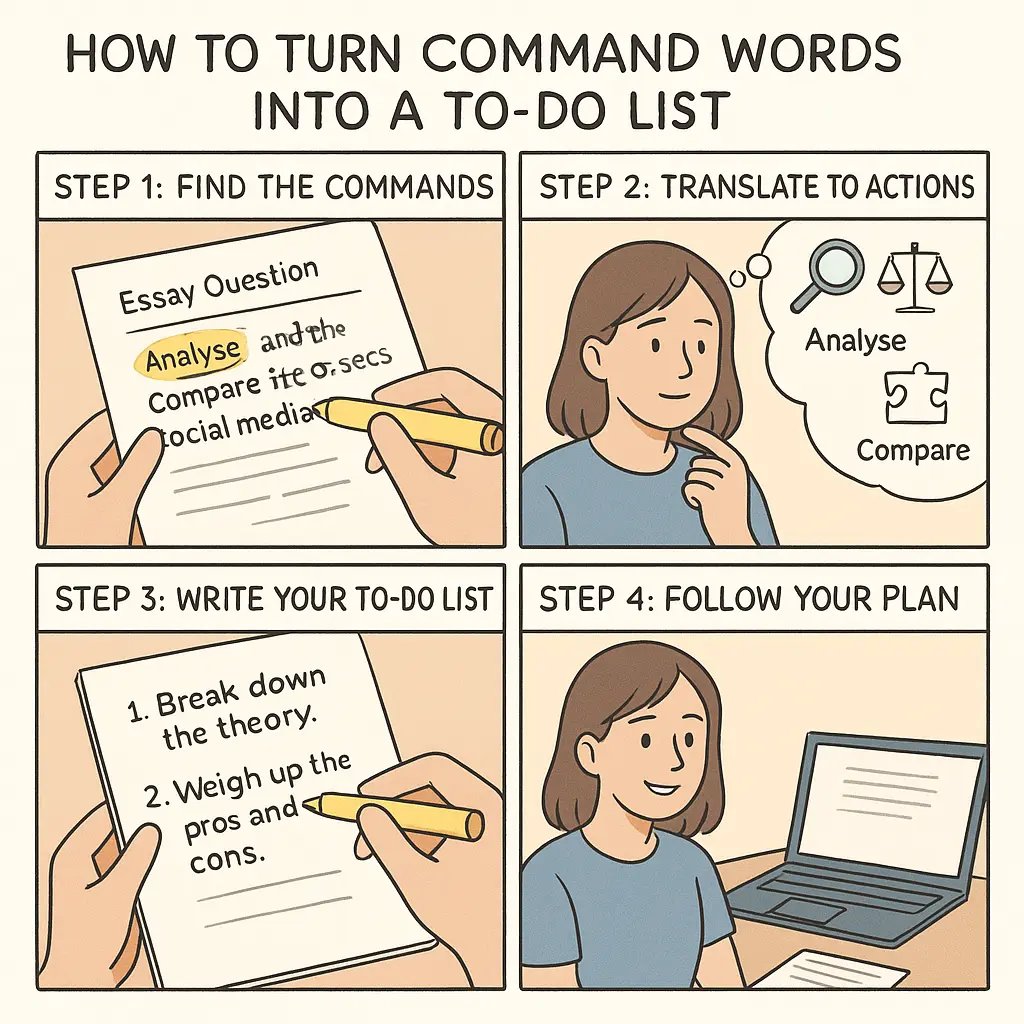 Four-panel comic showing a student transforming confusing essay command words into a clear, actionable to-do list with confidence.