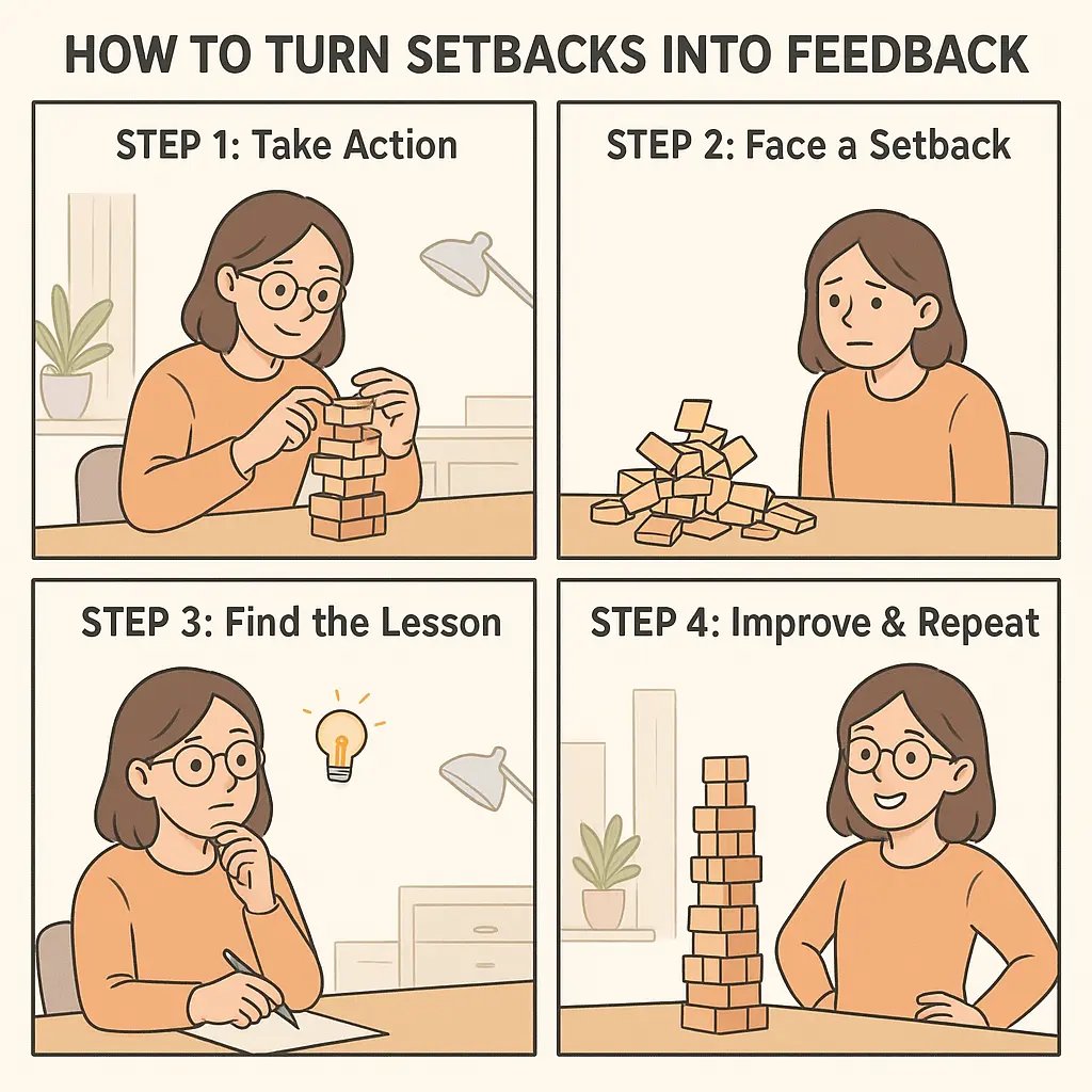 A four-panel comic strip showing a woman building a block tower, facing its collapse, analysing the mistake, and rebuilding it taller and stronger