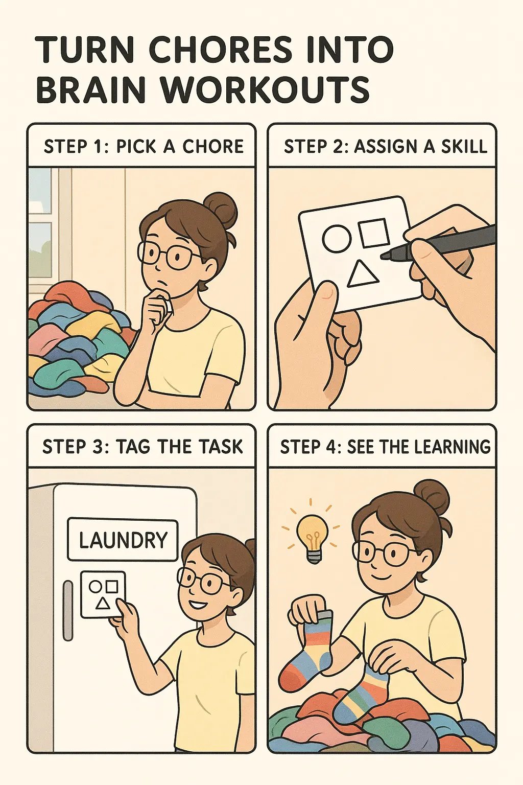 A young woman with glasses creating a sorting skill badge whilst looking at a colourful pile of laundry, discovering the learning hidden in everyday chores.