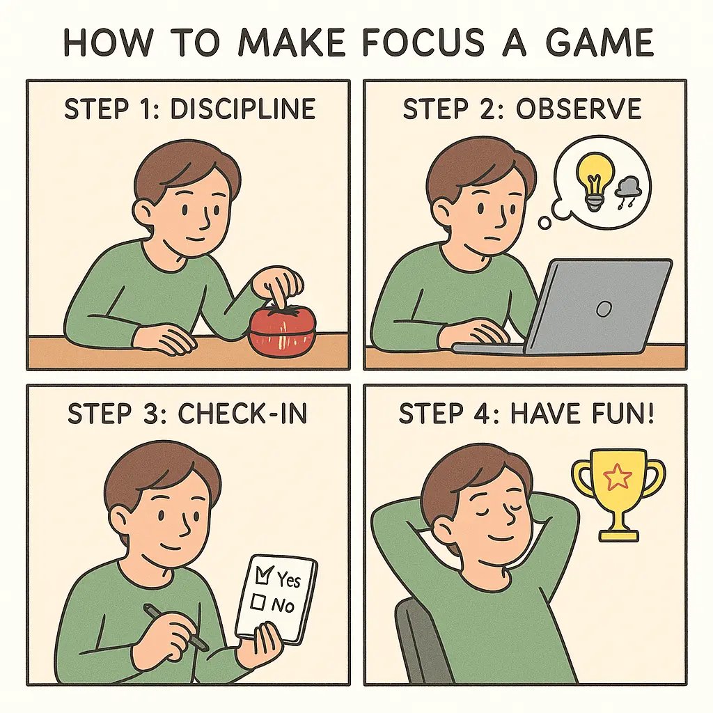 Four-panel comic showing a student gamifying focus with a timer, thought bubbles, checklist, and trophy celebration