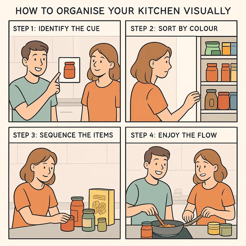 Four-panel comic showing two young adults organising a kitchen using visual cues, sorting by colour, sequencing items, and cooking together happily.