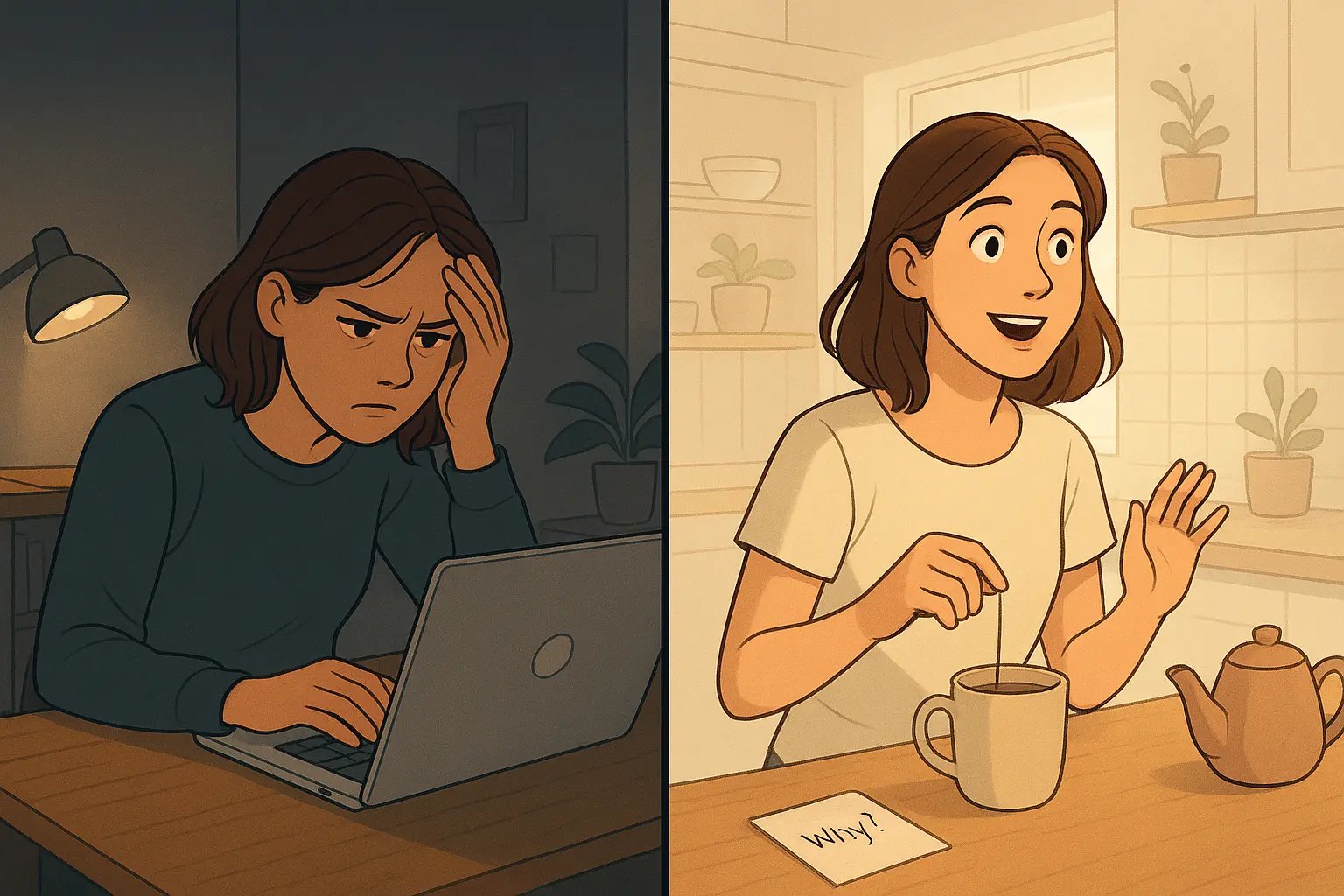 Woman experiencing breakthrough moment in kitchen after stepping away from work, illustrating the cliffhanger technique