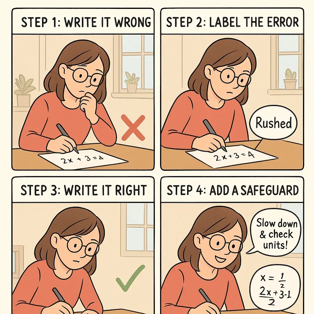 Four-panel comic showing a student learning from mistakes by writing wrong answers, labelling errors, correcting them, and adding safeguard notes