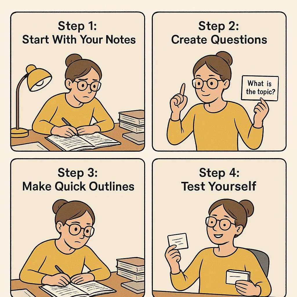 Four-panel comic showing a university student transforming cluttered notes into flashcards and confidently self-testing for active study