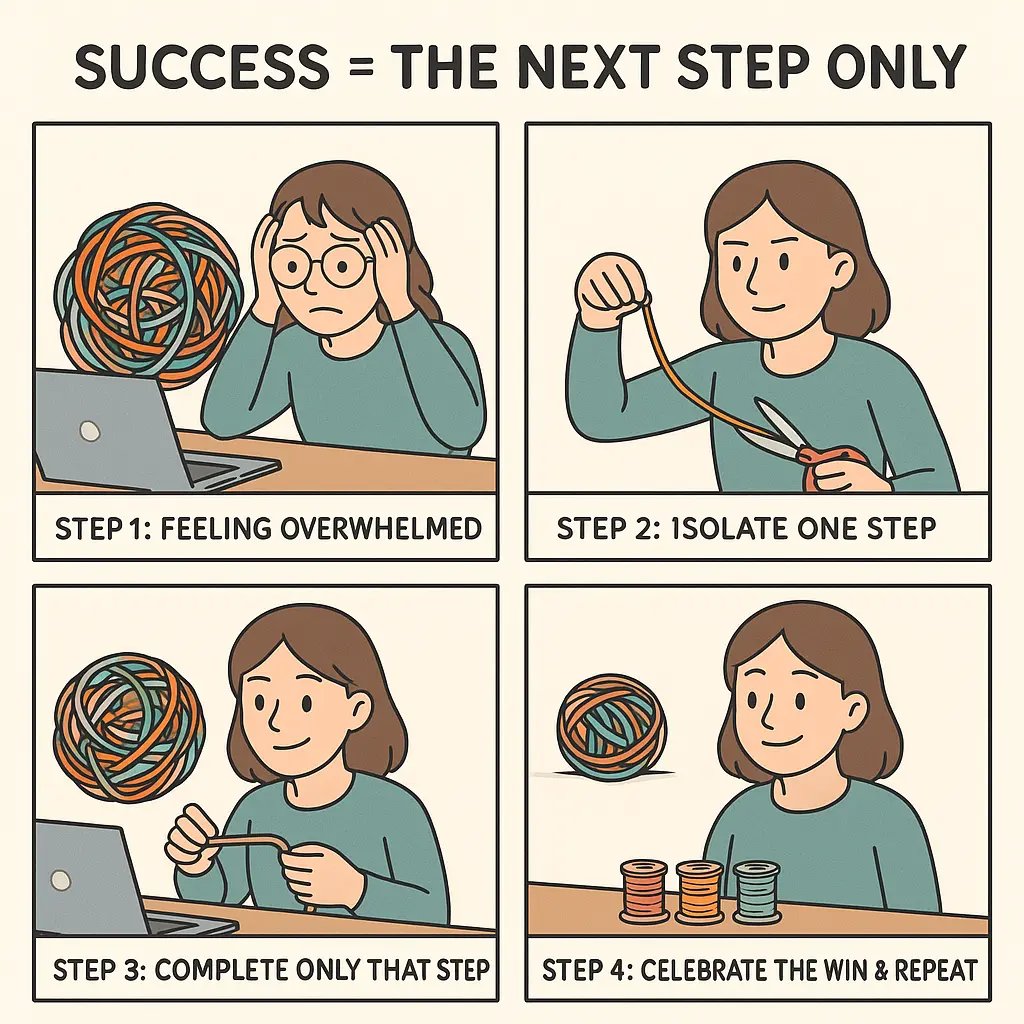 Four-panel comic showing a woman transforming a giant tangled ball of yarn into neat spools by isolating and completing one thread at a time
