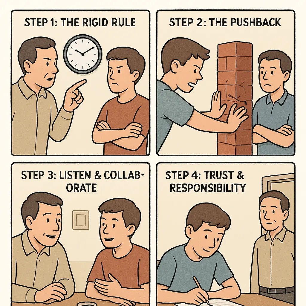 Four-panel comic showing parent and teen transforming from conflict over rigid rules to cooperation through listening and flexible agreements