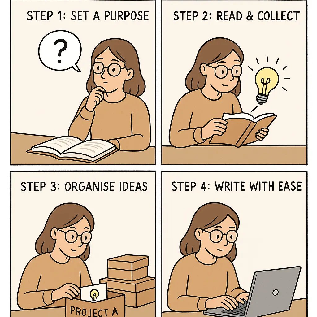 A four-panel comic showing a student setting research goals, collecting ideas, organising notes into project boxes, and writing confidently