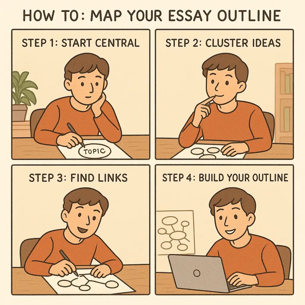 Four-panel comic showing a student using pattern notes to create an essay outline, from central topic to connected clusters to final structure.