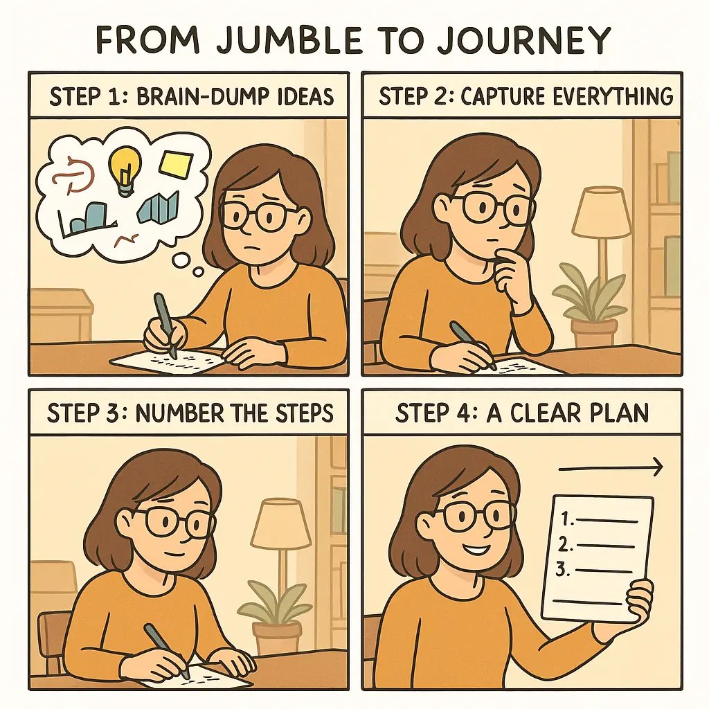 Four-panel comic showing a student transforming chaotic ideas into a clear, numbered plan through brain-dumping and sequencing.