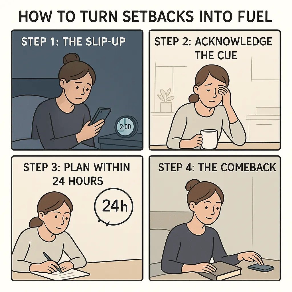 Four-panel comic showing a woman's journey from late-night phone scrolling to successfully establishing a healthier bedtime routine through quick planning