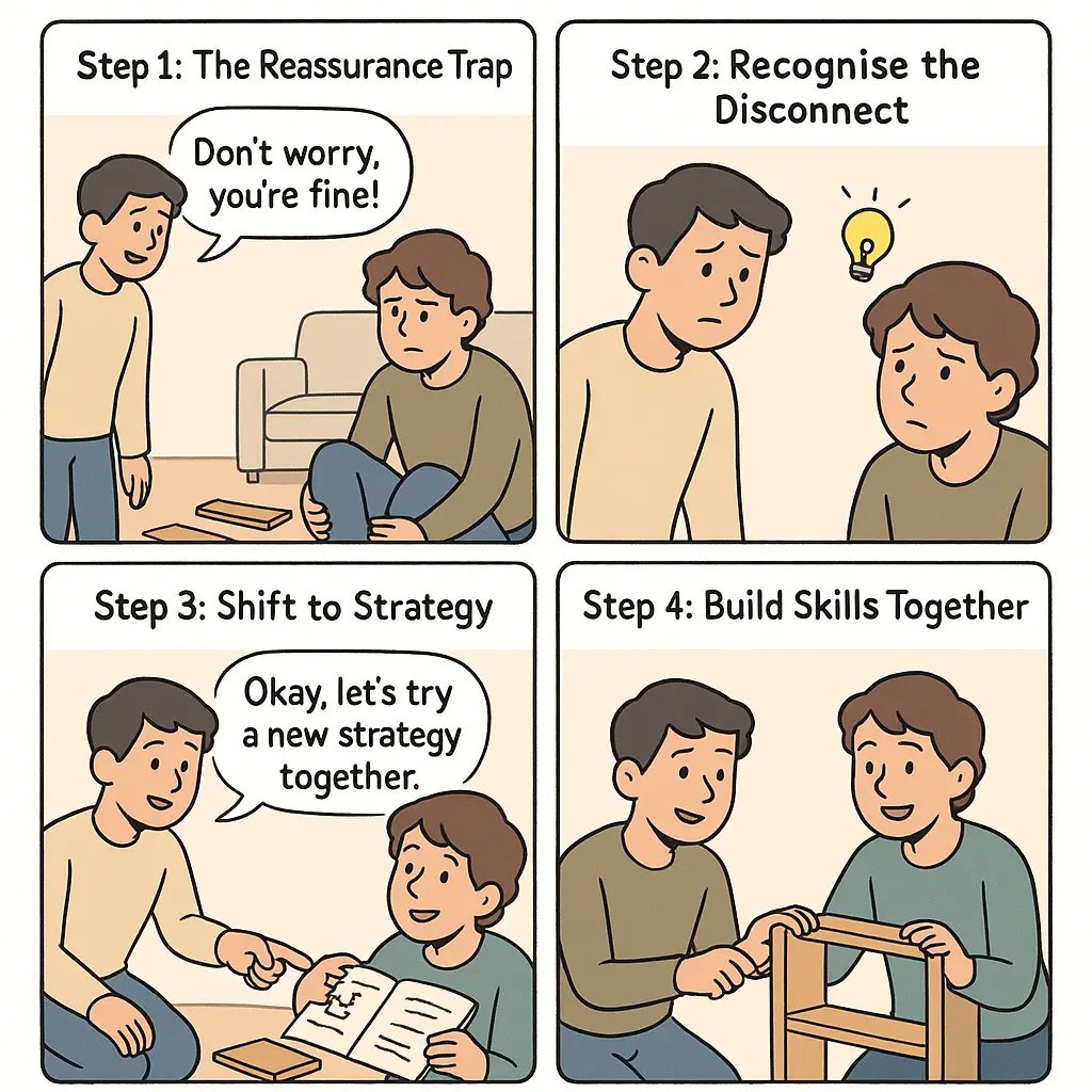 Comic strip showing two young adults moving from unhelpful reassurance to collaborative problem-solving while building furniture together
