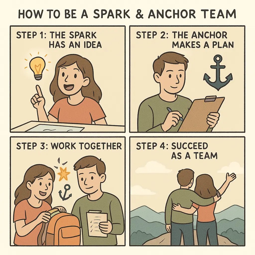 A four-panel comic showing a couple using spark and anchor roles to plan and enjoy a mountain hike together.