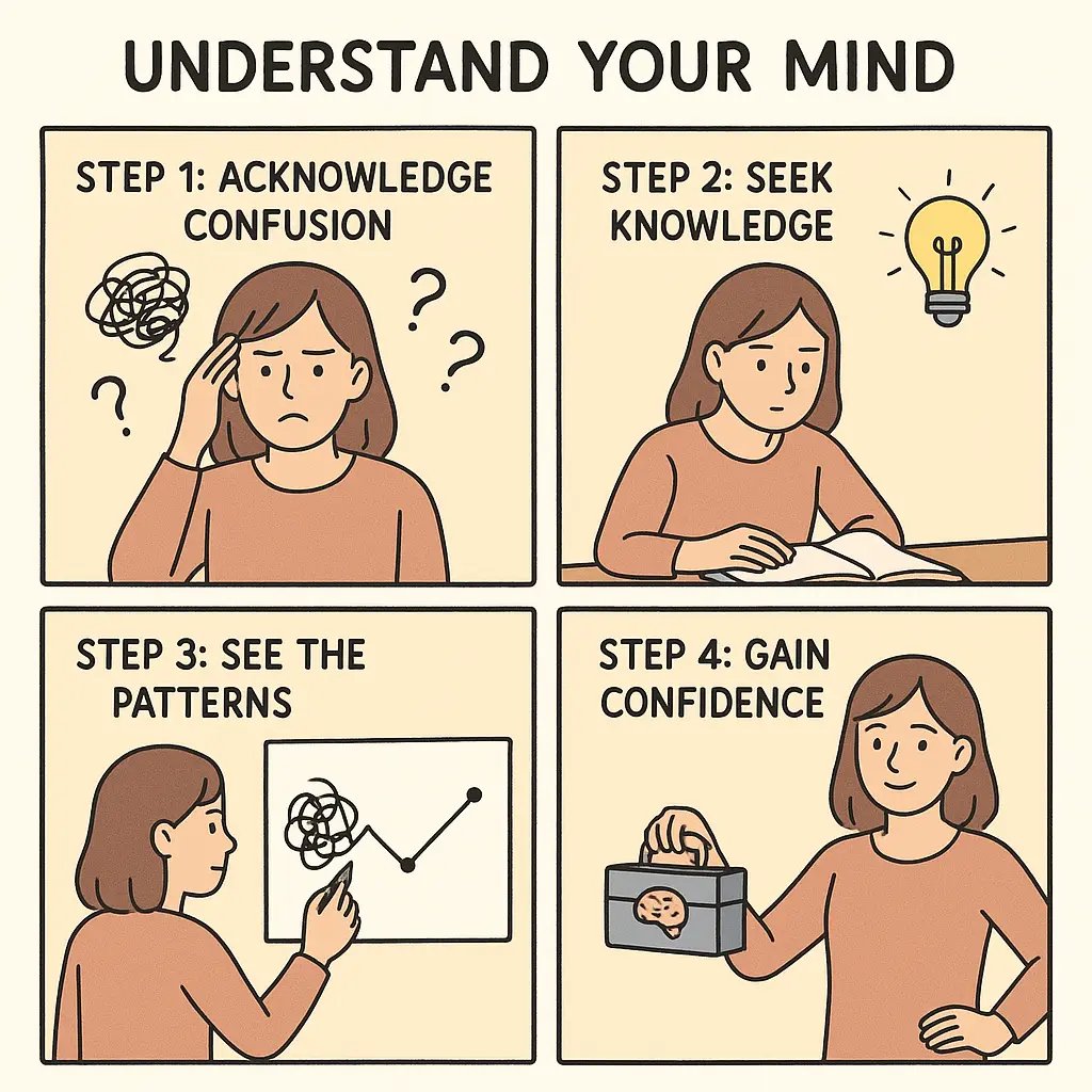 Four-panel comic showing a young woman's journey from confusion to confidence by learning about how her brain works