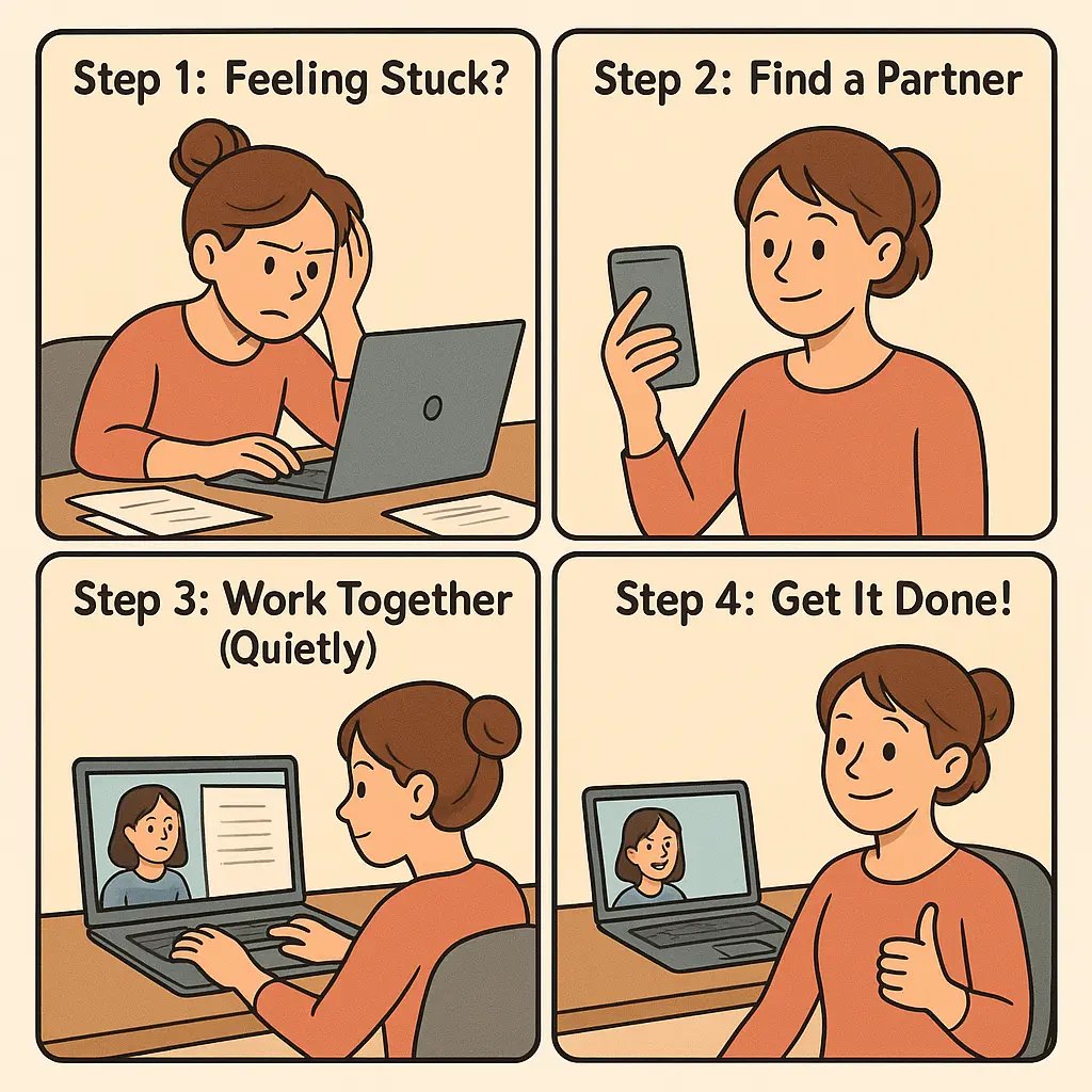 Four-panel comic showing woman overcoming overwhelm by working alongside a friend on video call, illustrating body doubling technique
