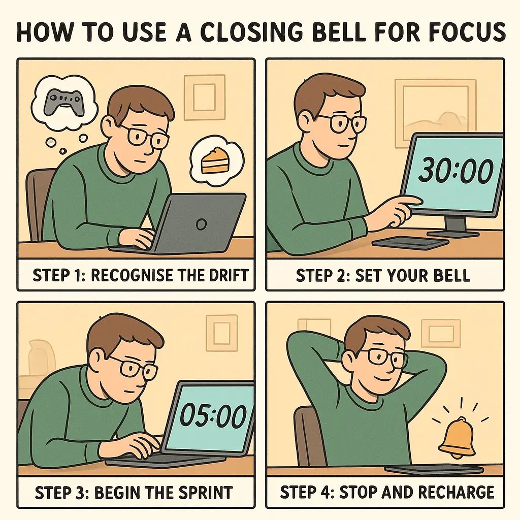 Four-panel comic showing a man progressing from distracted to focused work using a closing bell timer technique