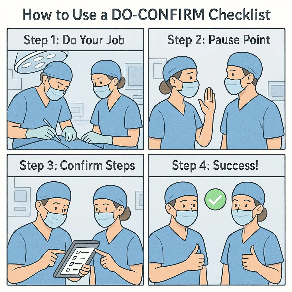 Two medical professionals in scrubs using a DO-CONFIRM checklist together in a modern operating theatre, demonstrating teamwork and error prevention.