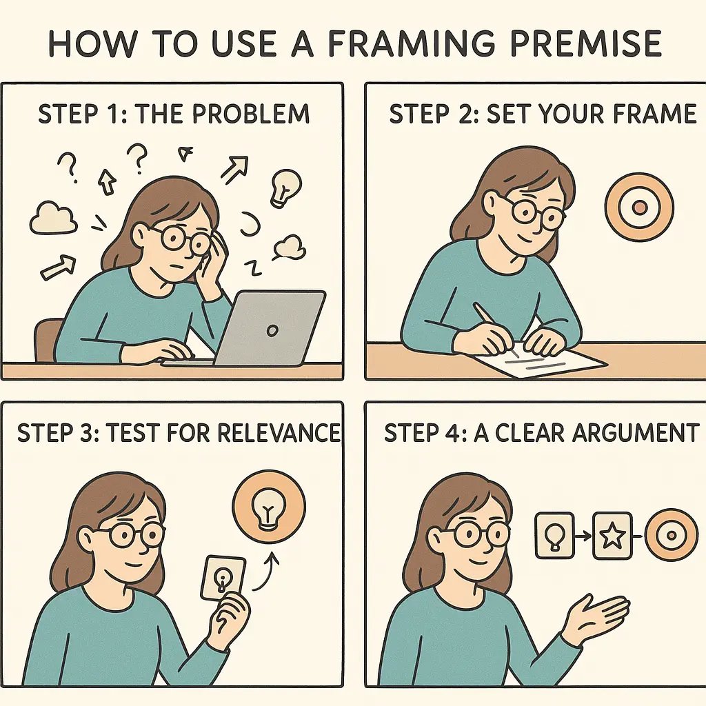 Four-panel comic showing a student using a framing premise to organise jumbled ideas into a clear, logical argument