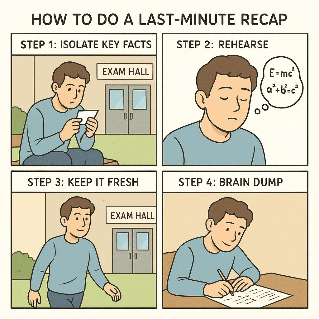 Student using index cards to rehearse key facts on a bench before entering an exam hall, demonstrating focused last-minute revision technique.