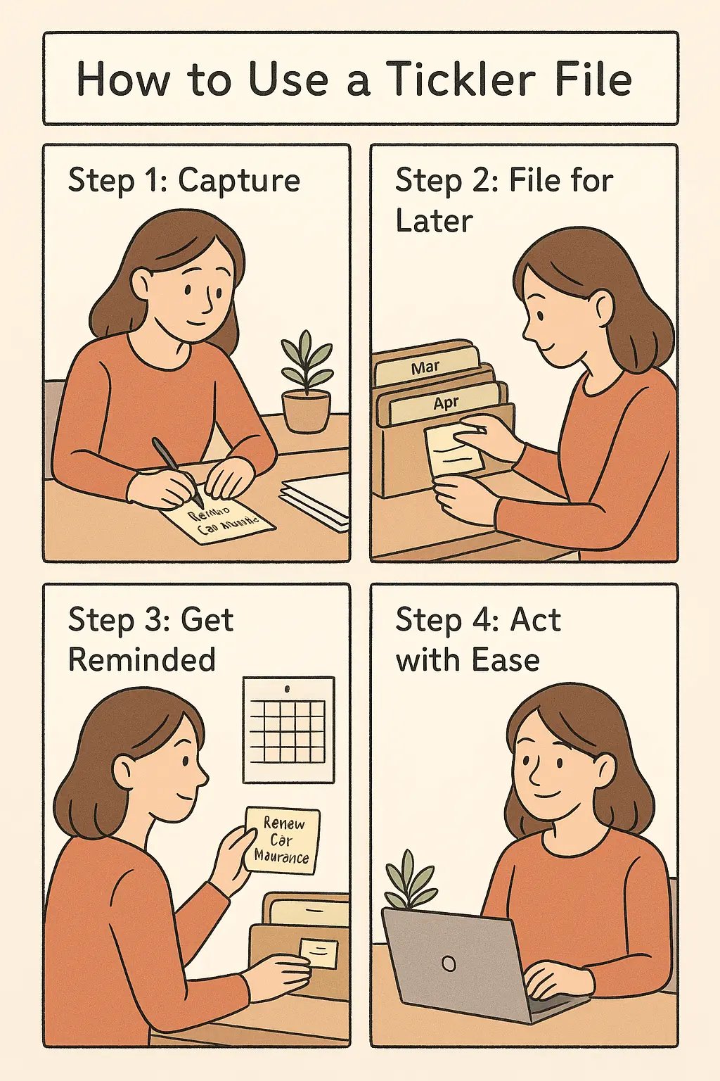 A four-panel comic showing a woman capturing a task, filing it by date, retrieving it when needed, and completing it calmly.