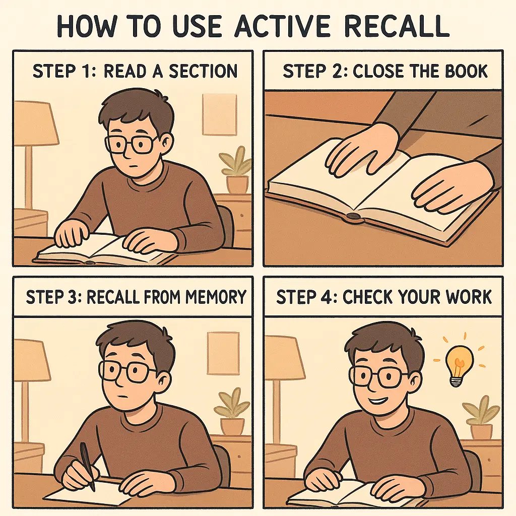 Four-panel comic showing a student using active recall: reading, closing the book, writing from memory, and checking work with a lightbulb moment.