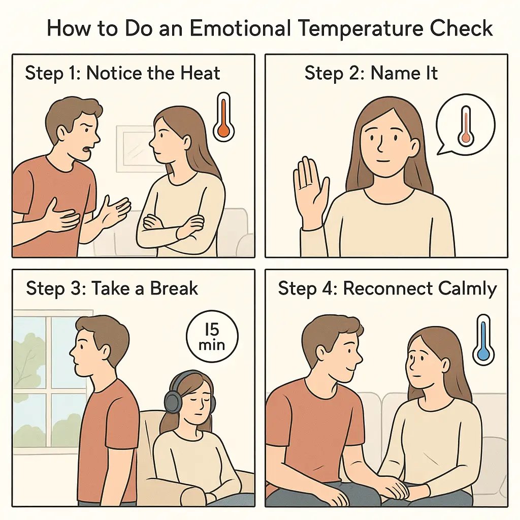 Four-panel comic showing a couple using an emotional temperature check to de-escalate tension and reconnect calmly.