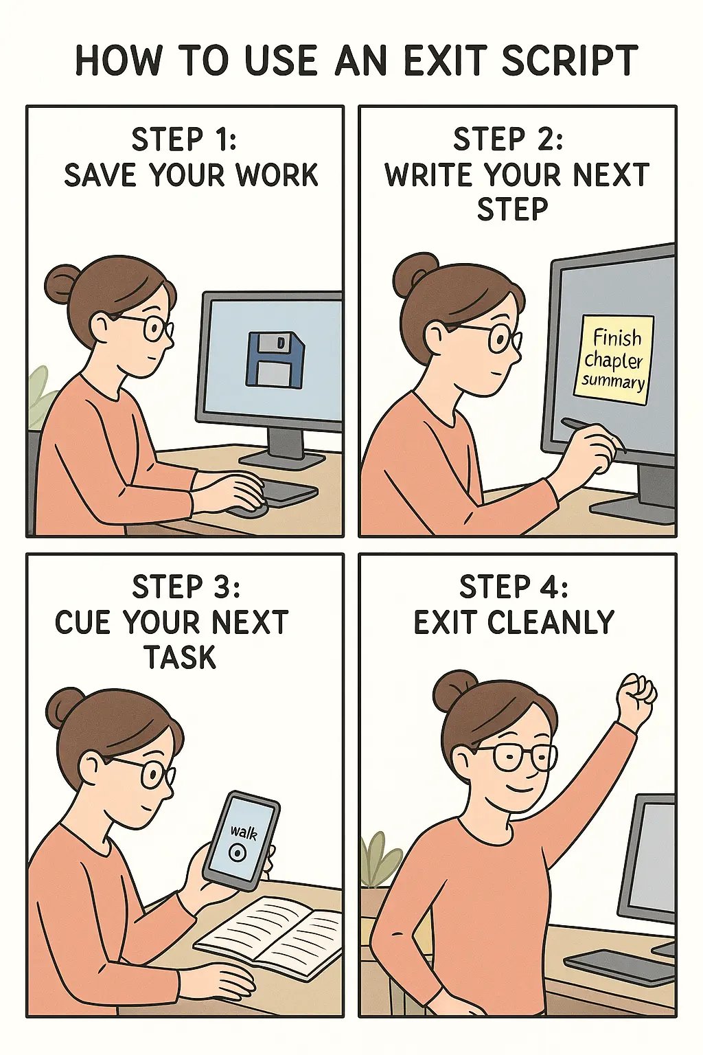 A four-panel comic strip showing a woman using an exit script to transition between tasks calmly and clearly.