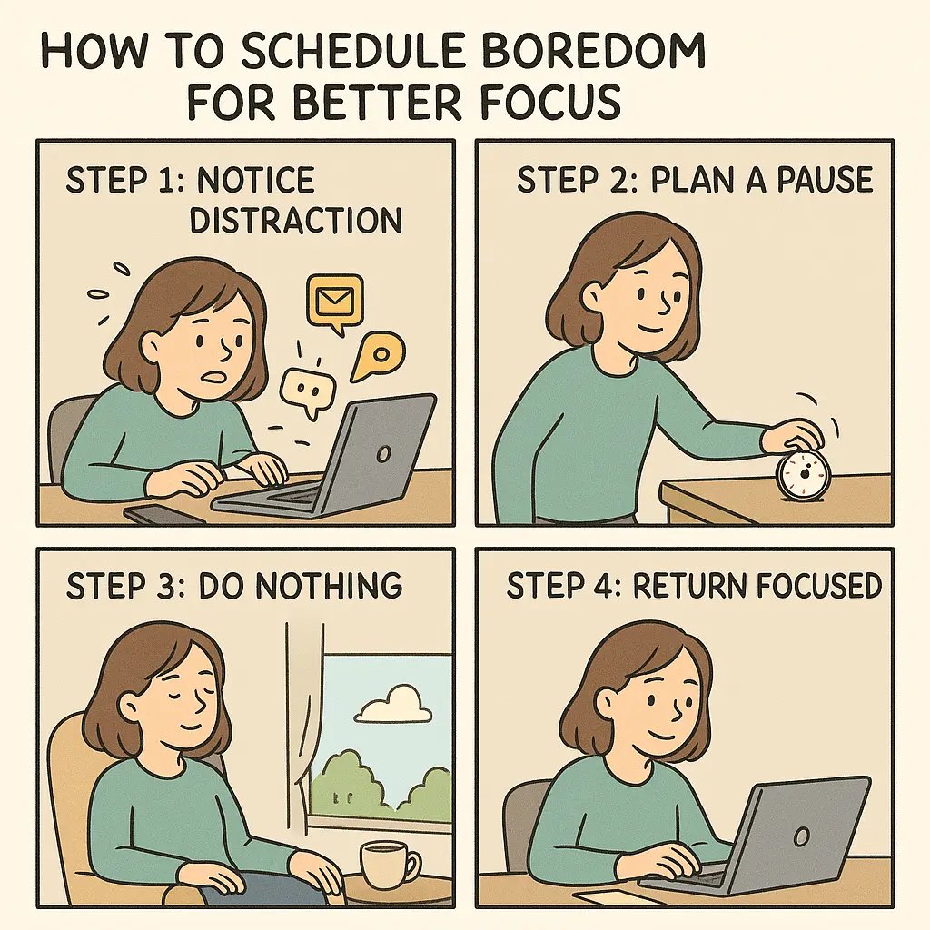 A four-panel comic illustrating a woman transitioning from distraction to calm focus through planned boredom breaks.