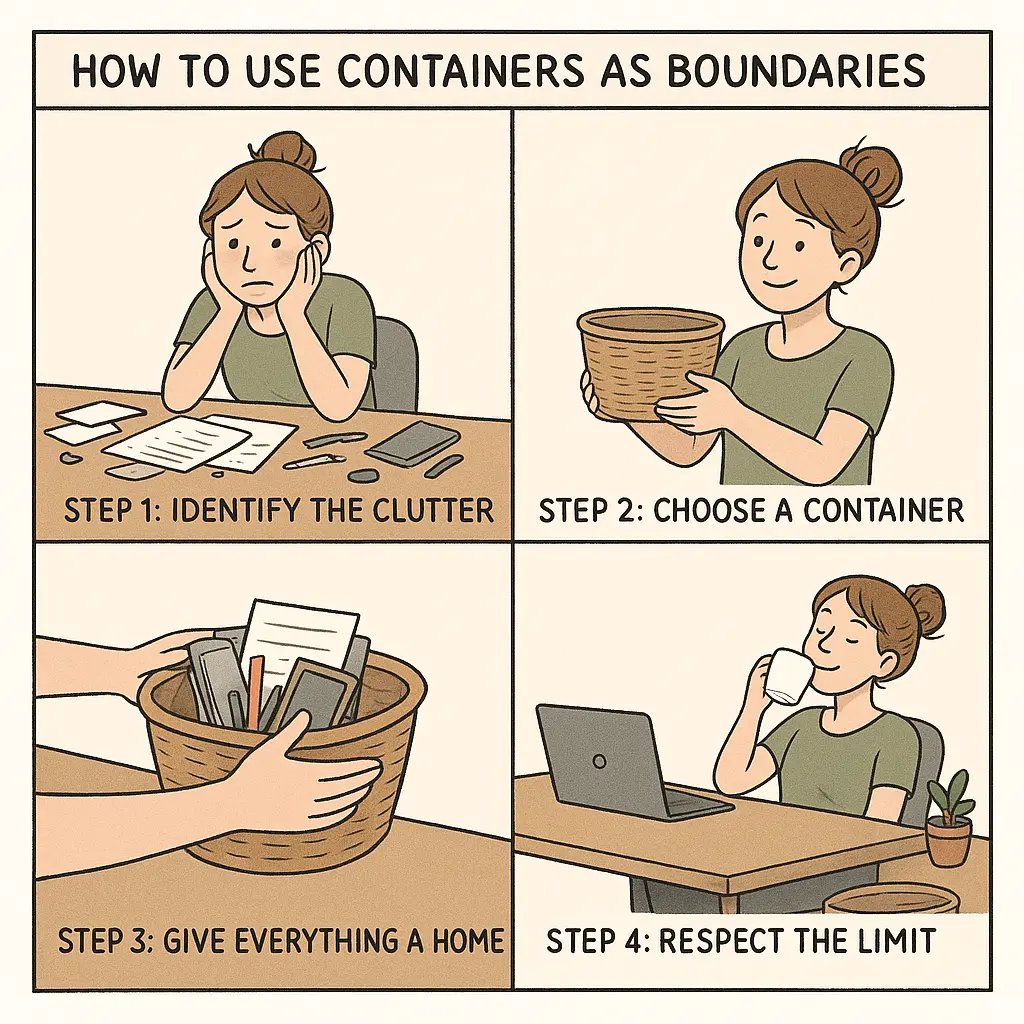 A young woman organising her desk in four panels, using a wicker basket as a container to transform clutter into a tidy, peaceful workspace.