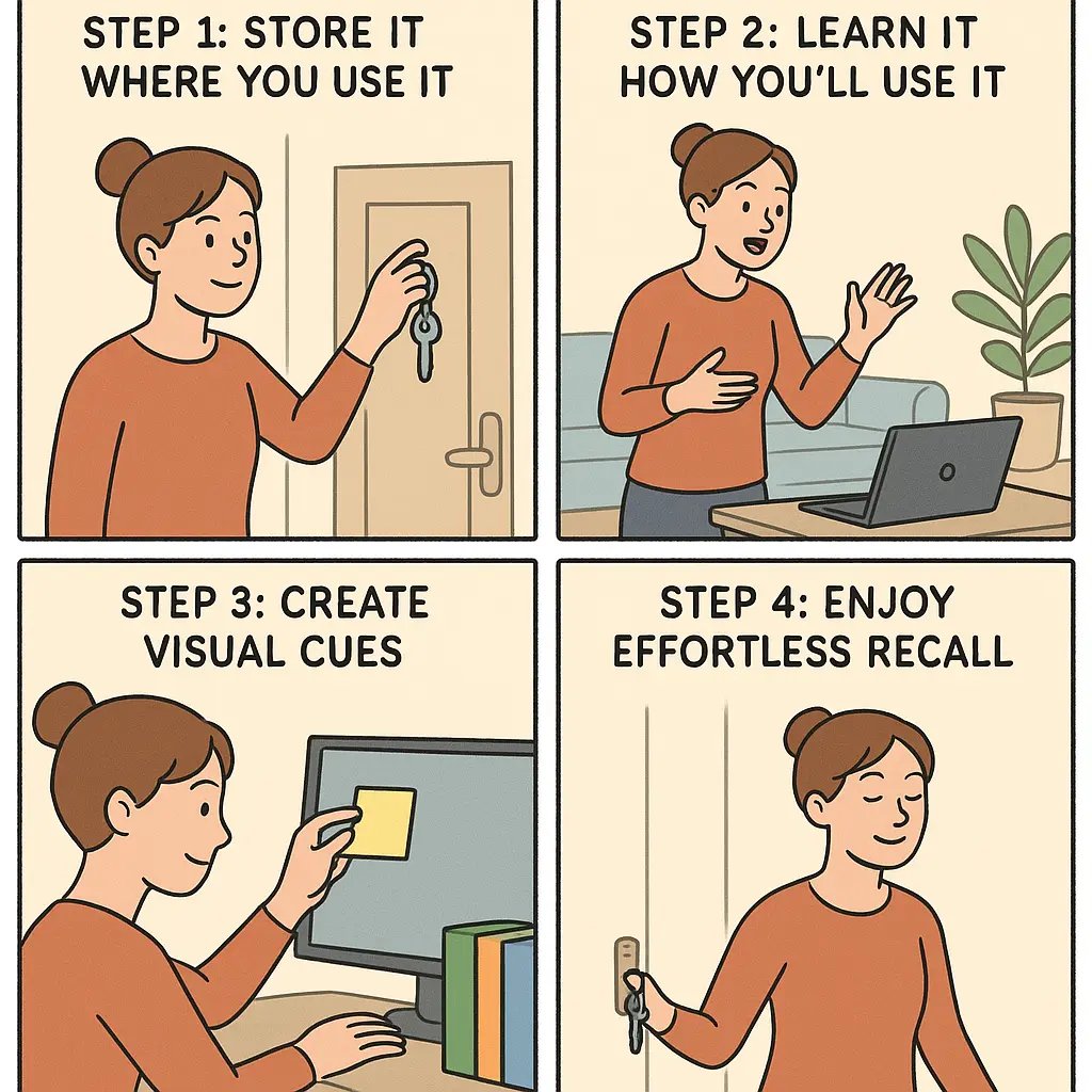 Four-panel comic showing a woman using context to improve memory: storing keys by the door, practising a speech aloud, creating colour-coded notes, and enjoying effortless recall.