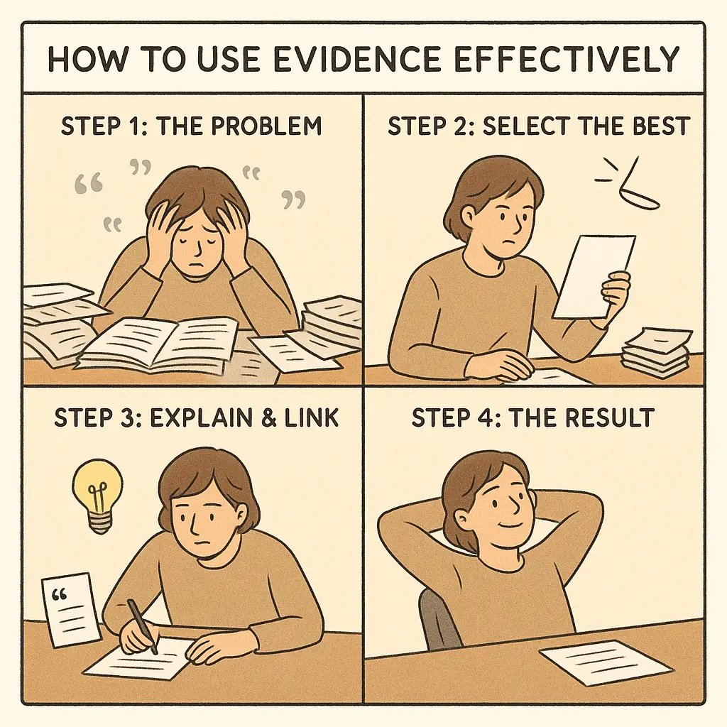 Four-panel comic showing a university student learning to select the best evidence, explain it clearly, and link it to their essay question with confidence