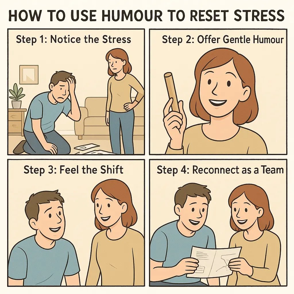 Four-panel comic showing a couple using gentle humour to move from furniture assembly stress to smiling teamwork